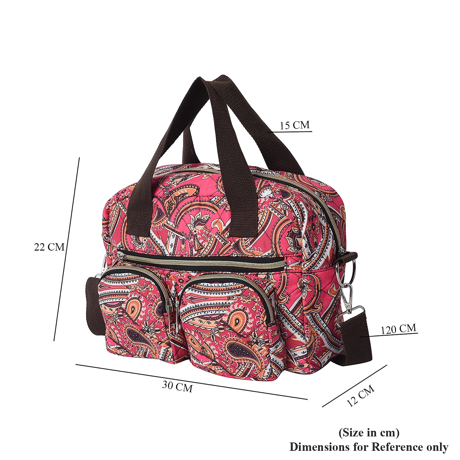 Paisley Pattern Satchel Bag with Zipper Closure and Detachable Shoulder Strap (Size 30x12x22cm) - Pink and Yellow