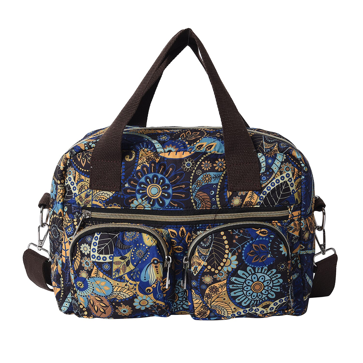 Paisley Pattern Satchel Bag with Zipper Closure and Detachable Shoulder Strap (Size 30x12x22cm) - Blue and Multi