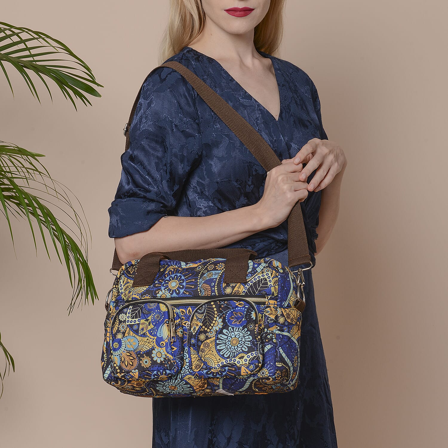 Paisley Pattern Satchel Bag with Zipper Closure and Detachable Shoulder Strap (Size 30x12x22cm) - Blue and Multi