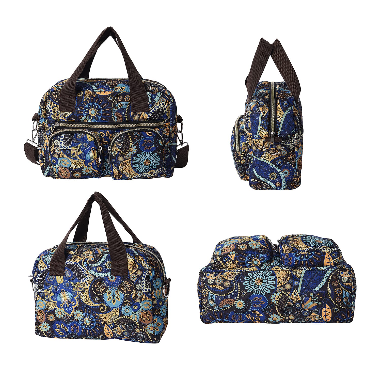 Paisley Pattern Satchel Bag with Zipper Closure and Detachable Shoulder Strap (Size 30x12x22cm) - Blue and Multi