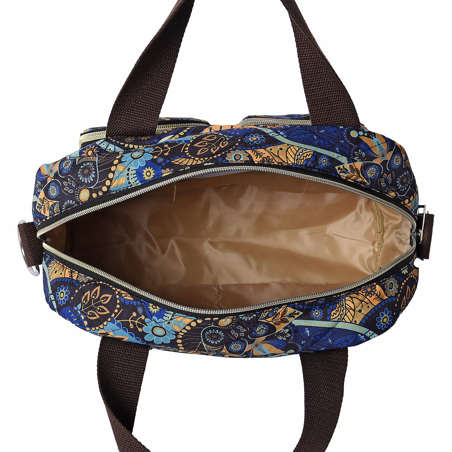 Paisley Pattern Satchel Bag with Zipper Closure and Detachable Shoulder Strap (Size 30x12x22cm) - Blue and Multi