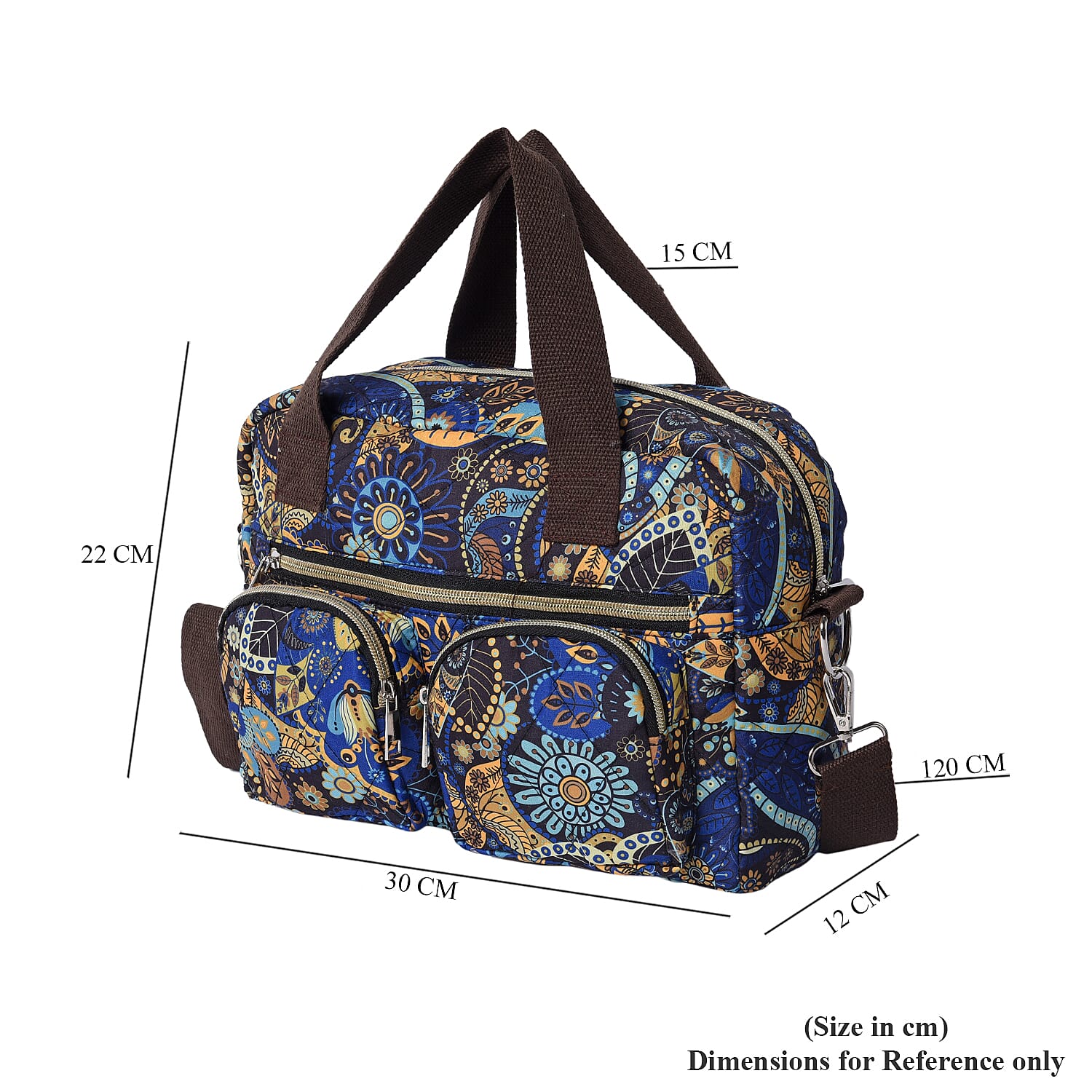 Paisley Pattern Satchel Bag with Zipper Closure and Detachable Shoulder Strap (Size 30x12x22cm) - Blue and Multi