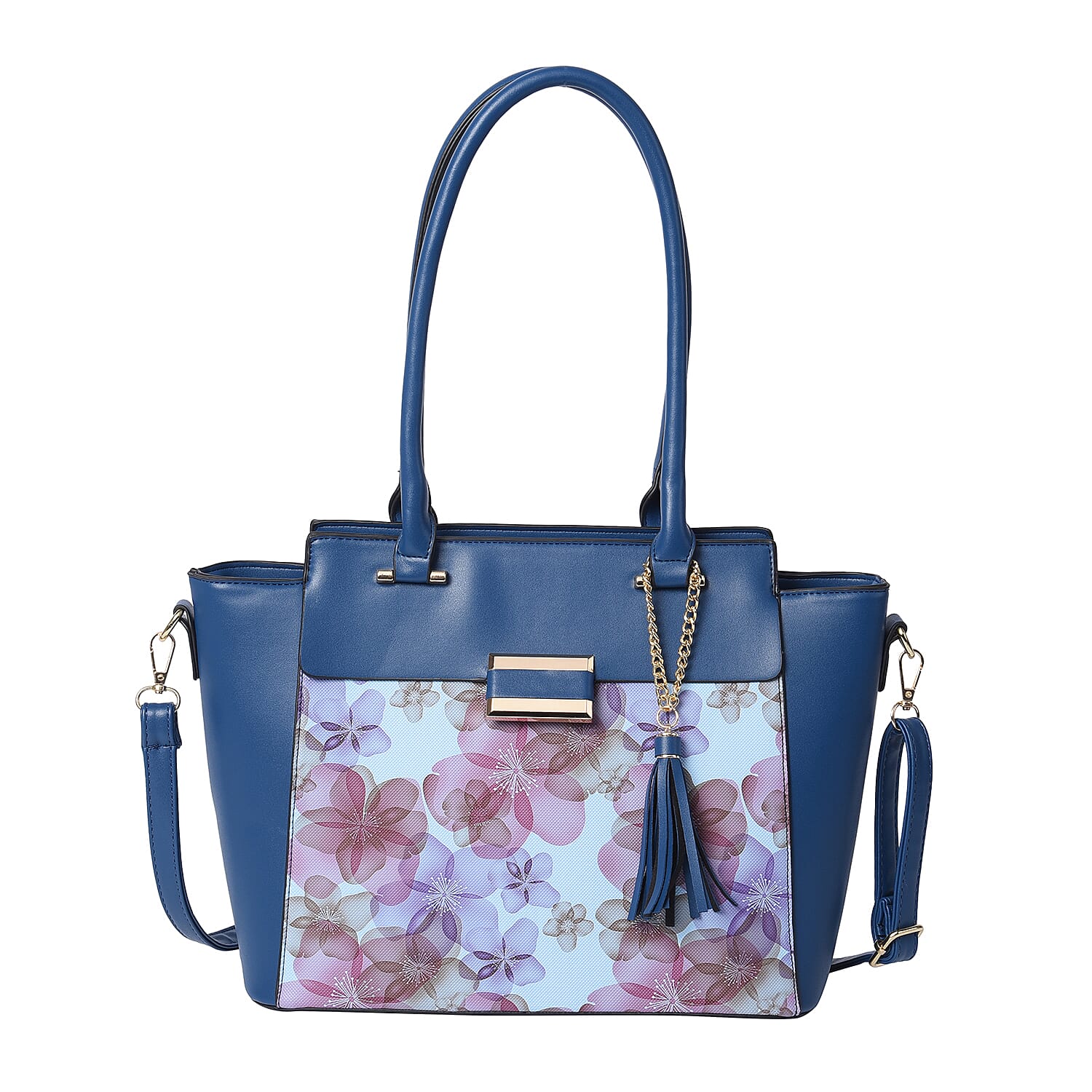 Floral Pattern Satchel Bag with Adjustable Shoulder Strap, Tassel and Magnetic Closure in Navy (32x26x15cm)