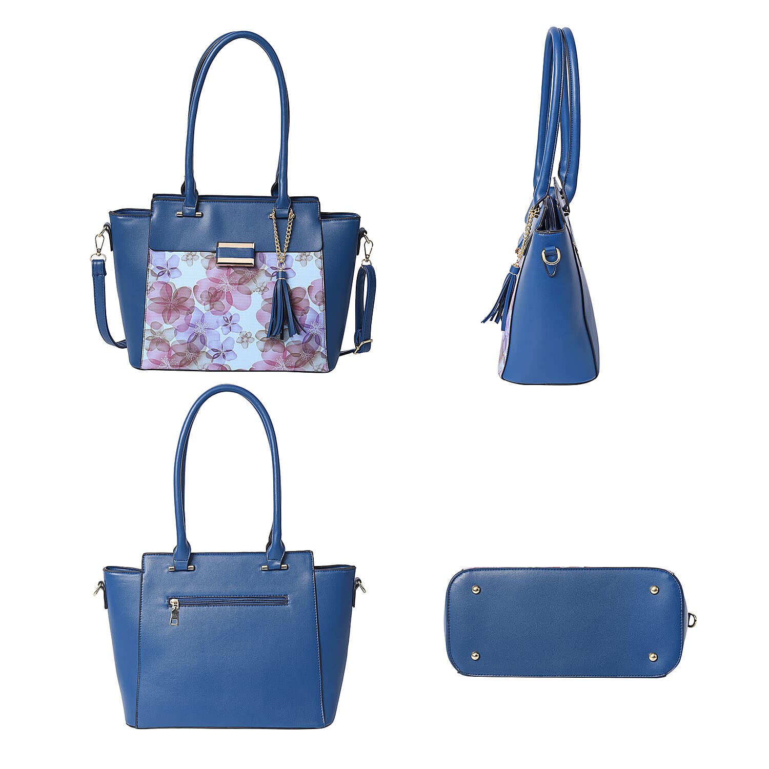 Floral Pattern Satchel Bag with Adjustable Shoulder Strap, Tassel and Magnetic Closure in Navy (32x26x15cm)