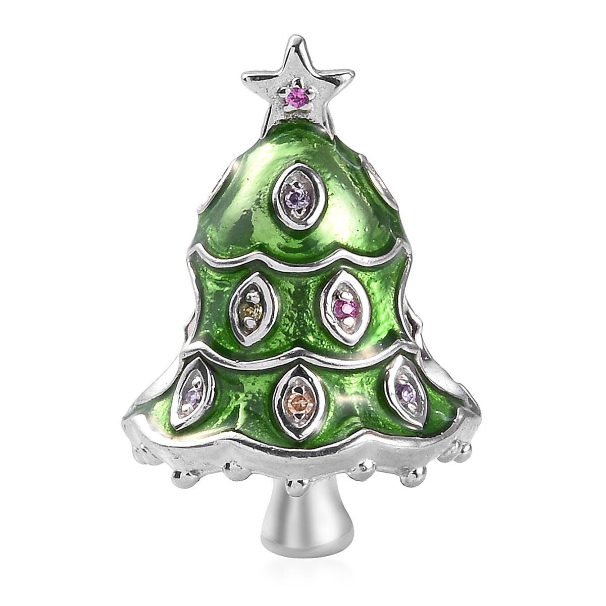 Charmes De Memoire - Simulated Yellow Sapphire and Multi Gemstone Enamelled Christmas Tree Charm in Platinum Overlay Sterling Silver