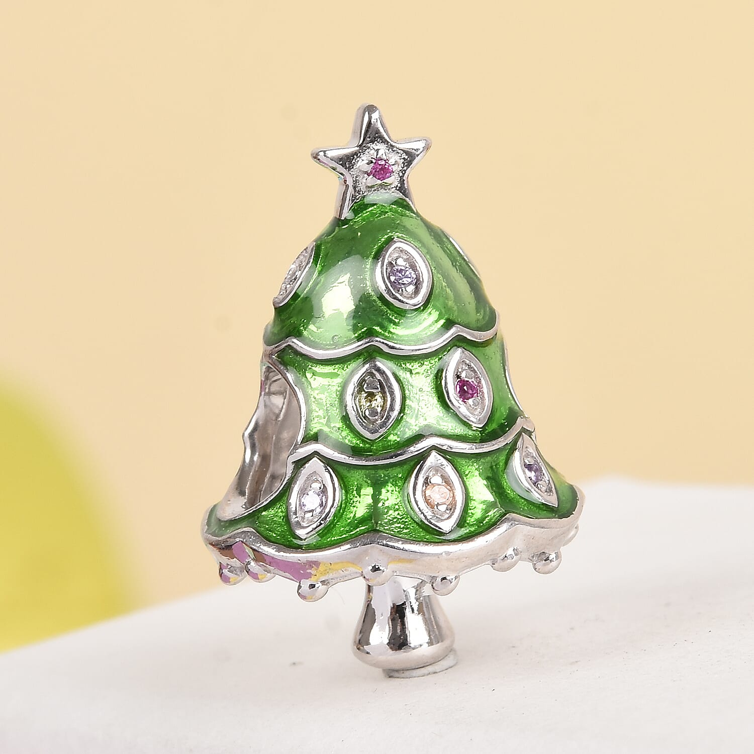 Charmes De Memoire - Simulated Yellow Sapphire and Multi Gemstone Enamelled Christmas Tree Charm in Platinum Overlay Sterling Silver