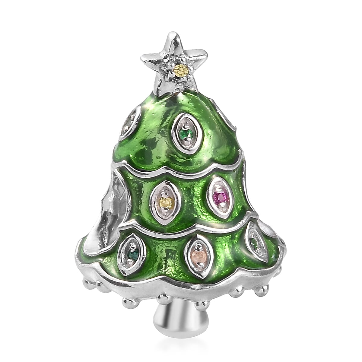 Charmes De Memoire - Simulated Yellow Sapphire and Multi Gemstone Enamelled Christmas Tree Charm in Platinum Overlay Sterling Silver