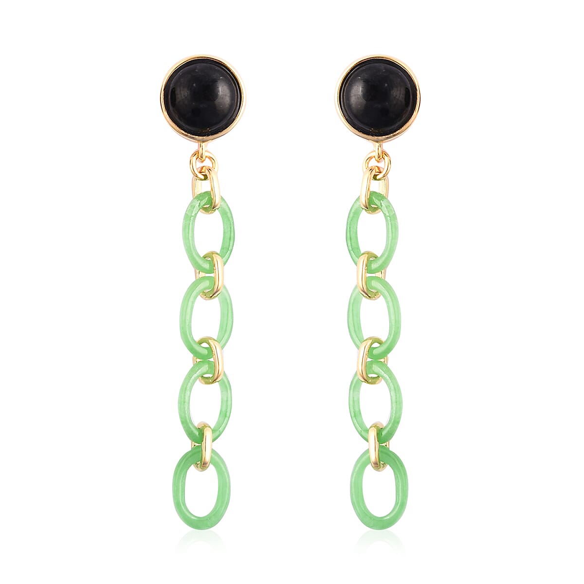 Black and Green Jade Dangle Earrings in Yellow Gold Over Sterling Silver 10.75 Ct.