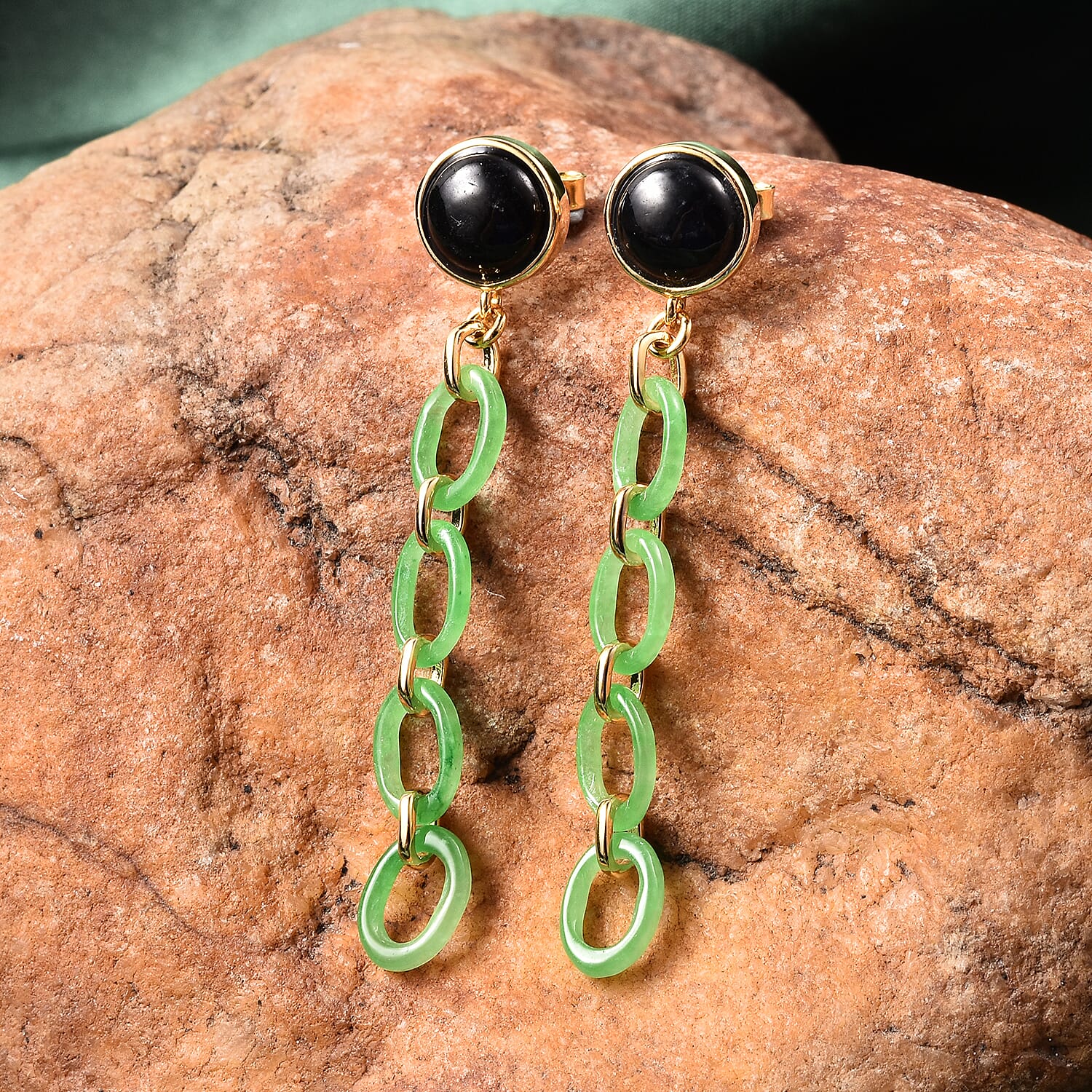 Black and Green Jade Dangle Earrings in Yellow Gold Over Sterling Silver 10.75 Ct.