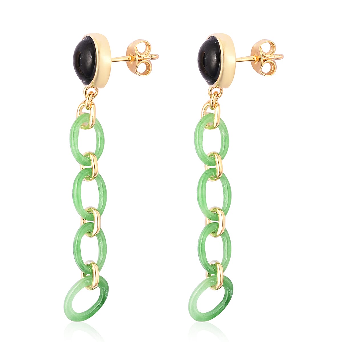 Black and Green Jade Dangle Earrings in Yellow Gold Over Sterling Silver 10.75 Ct.