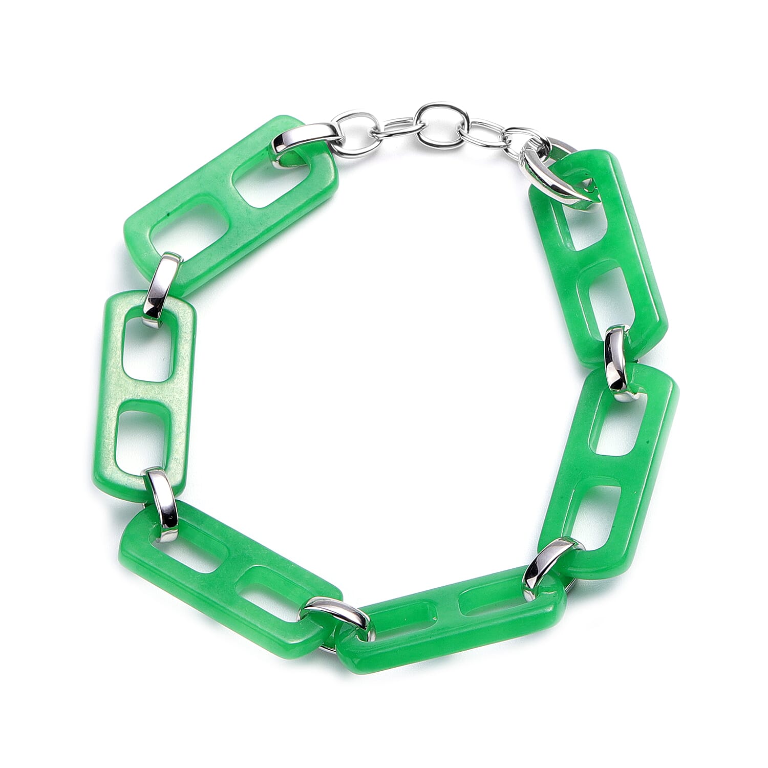 Green Jade Paper Clip Bracelet (Size 8) in Rhodium overlay Sterling Silver 59.75 Ct, Silver Wt 5.10 Gms