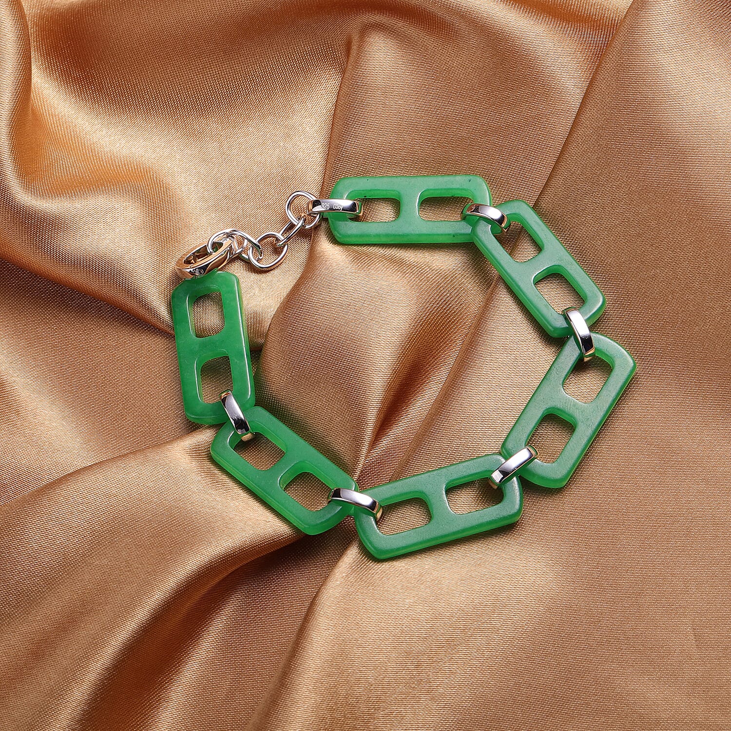 Green Jade Paper Clip Bracelet (Size 8) in Rhodium overlay Sterling Silver 59.75 Ct, Silver Wt 5.10 Gms