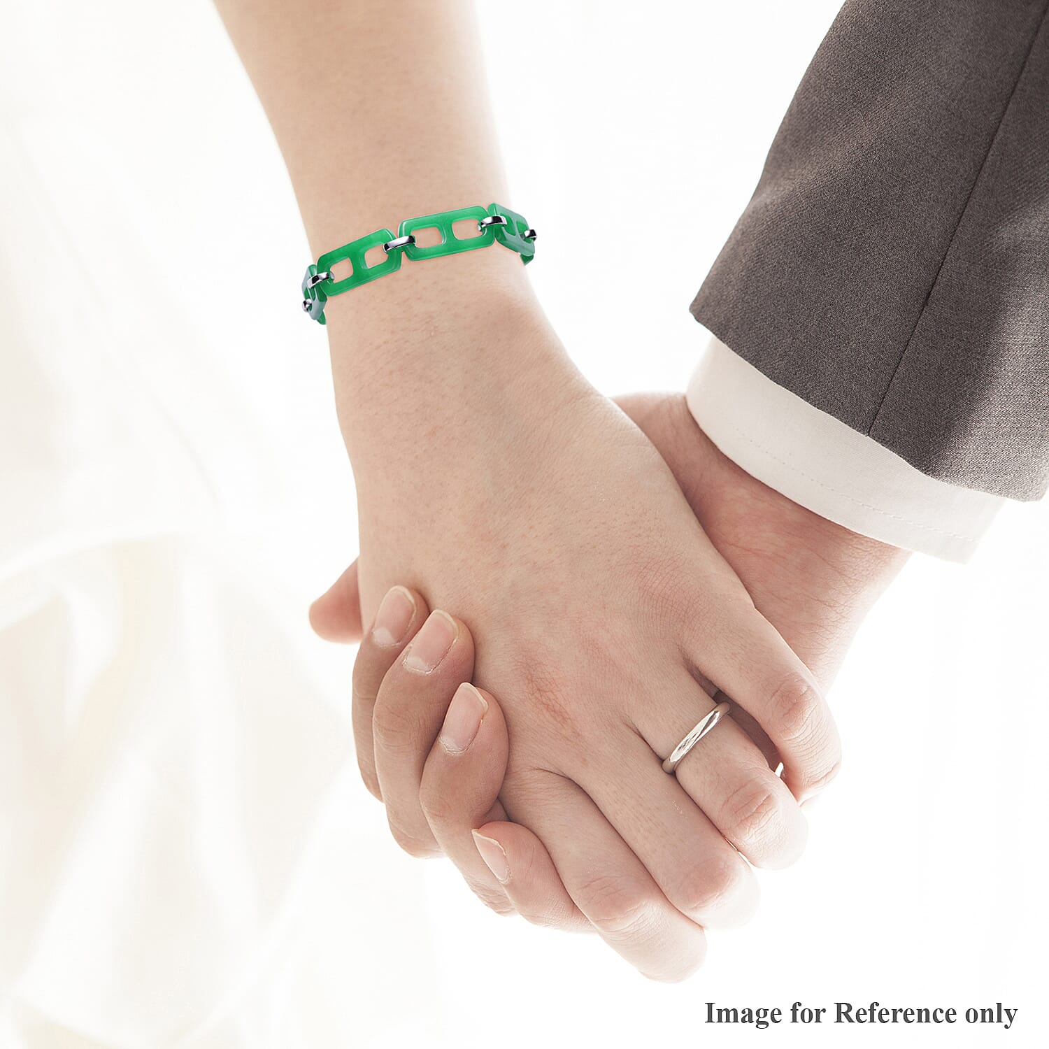 Green Jade Paper Clip Bracelet (Size 8) in Rhodium overlay Sterling Silver 59.75 Ct, Silver Wt 5.10 Gms