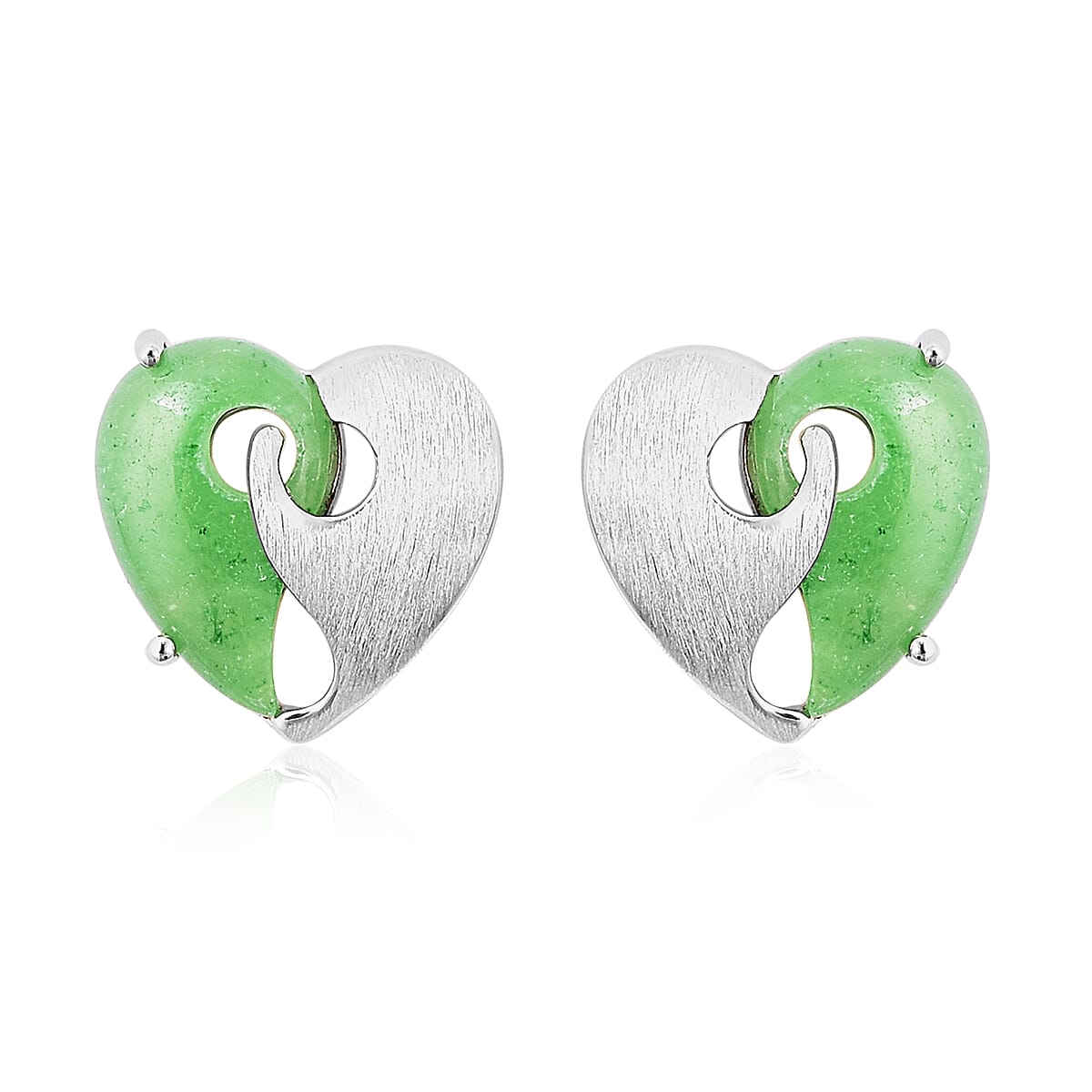 Green Jade Yin-Yang Heart-Shaped Stud Earrings in Sterling Silver 3.25 Ct.