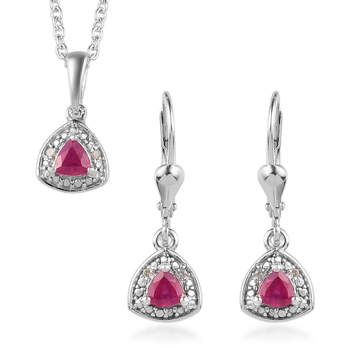 3 Piece Set - African Ruby and Diamond Pendant with Chain (Size 18) and Lever Back Earrings in Platinum Overlay Sterling Silver 1.00 Ct.