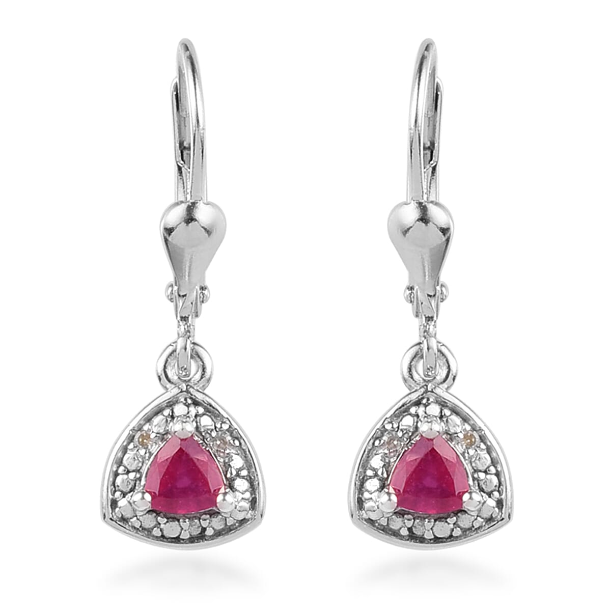3 Piece Set - African Ruby and Diamond Pendant with Chain (Size 18) and Lever Back Earrings in Platinum Overlay Sterling Silver 1.00 Ct.