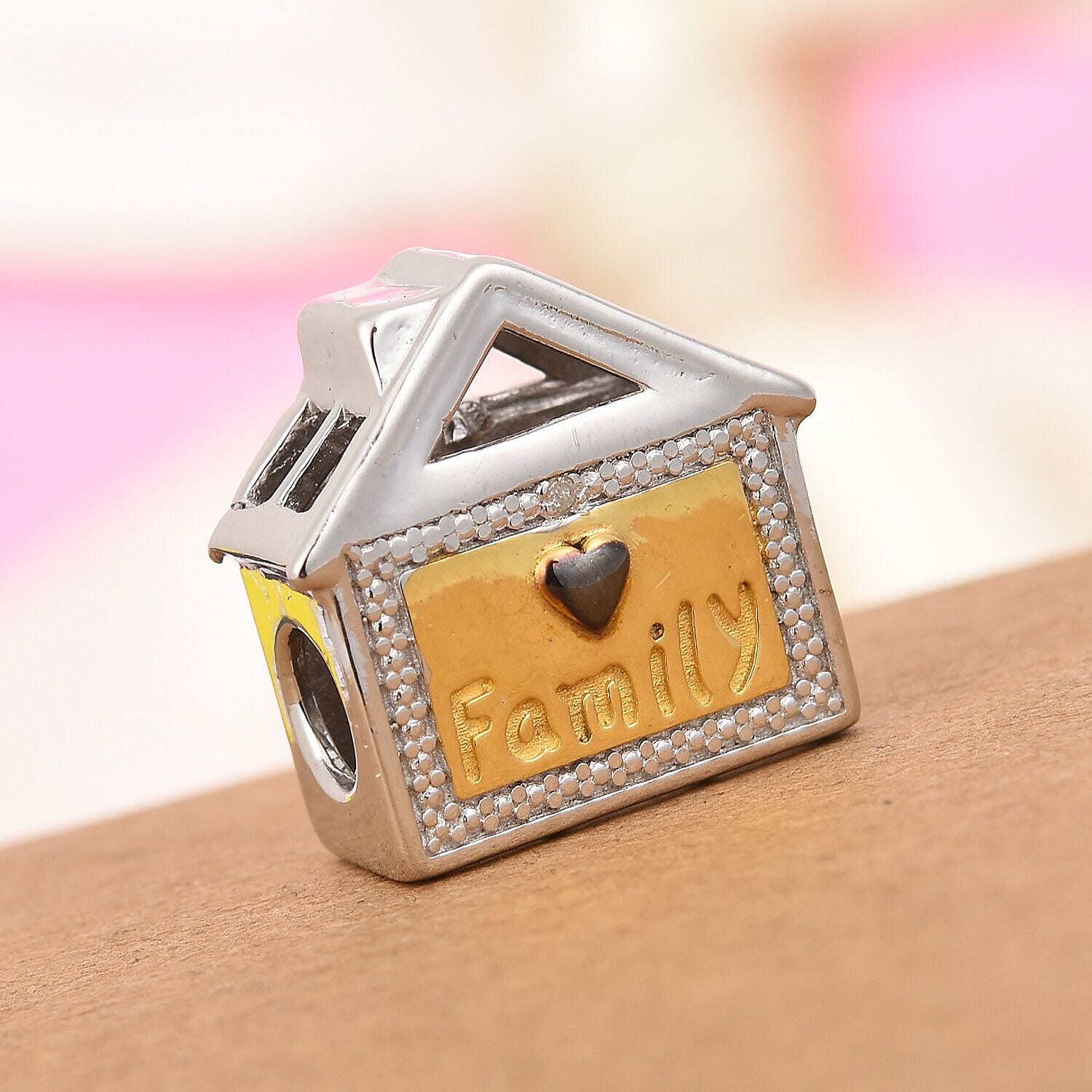 Charmes De Memoire Diamond Family House Charm in Platinum, Black and Yellow Gold Overlay Sterling Silver