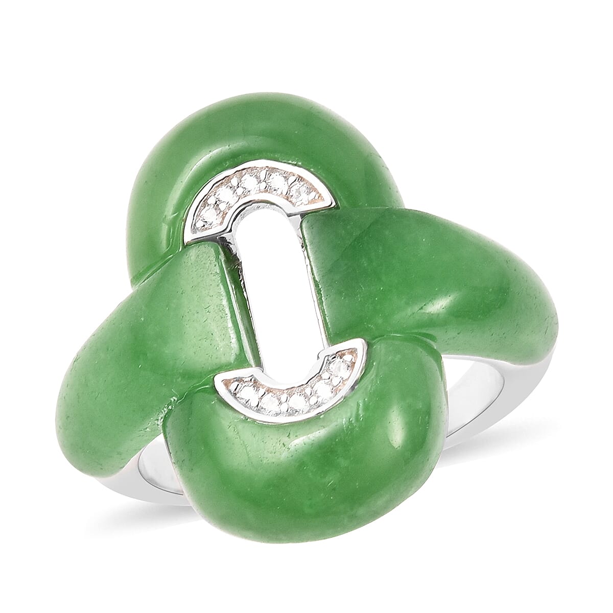 Green Jade and Natural Cambodian Zircon Ring in Rhodium Overlay Sterling Silver 13.32 Ct.