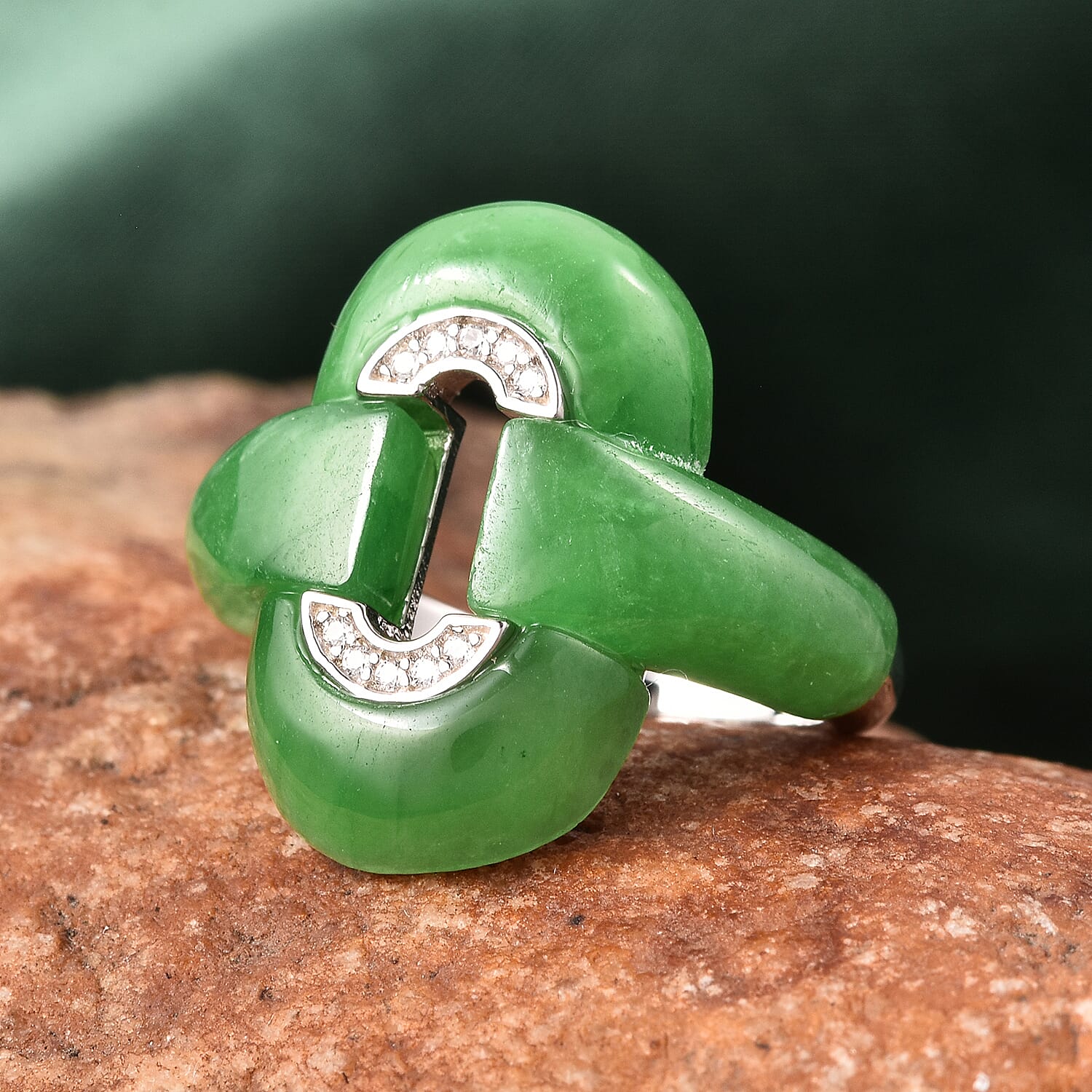 Green Jade and Natural Cambodian Zircon Ring in Rhodium Overlay Sterling Silver 13.32 Ct.