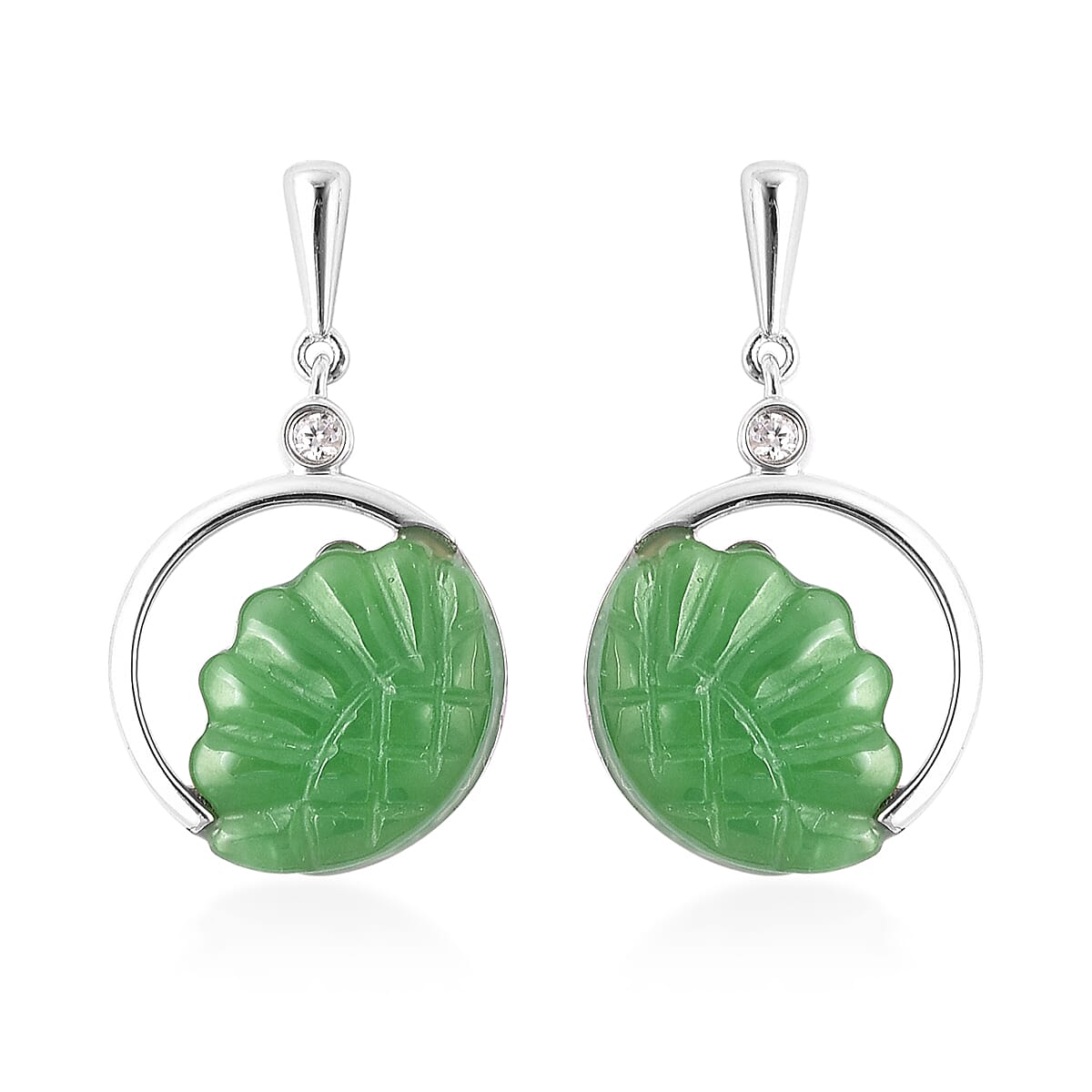 Green Jade and Natural Cambodian Zircon Sunflower Design Drop Earrings in Rhodium Overlay Sterling Silver 7.25 Ct.