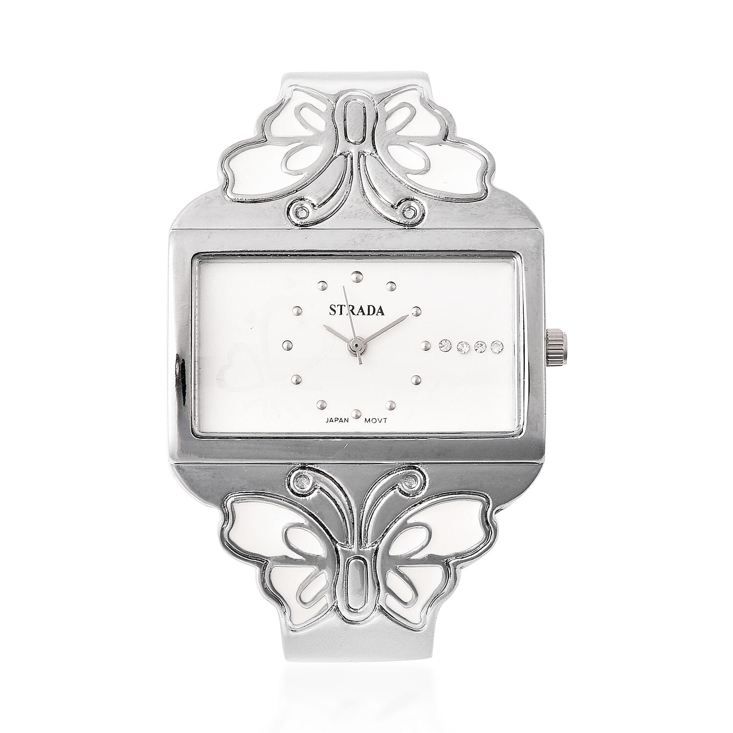 STRADA Japanese Movement White Austrian Crystal Studded Heart Pattern White Dial Butterfly Theme Bangle Watch (Size 6.5) in Silver Plated