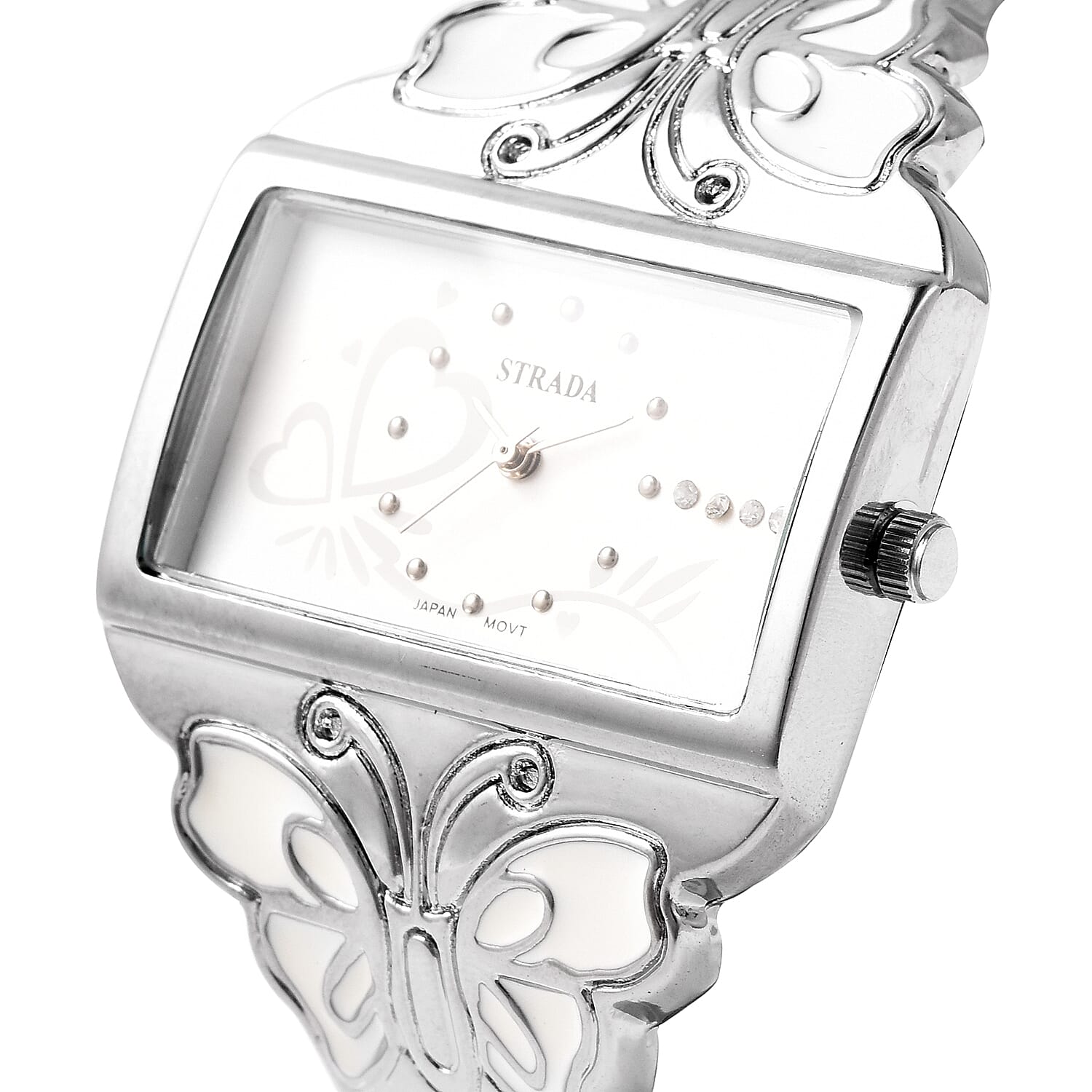 STRADA Japanese Movement White Austrian Crystal Studded Heart Pattern White Dial Butterfly Theme Bangle Watch (Size 6.5) in Silver Plated