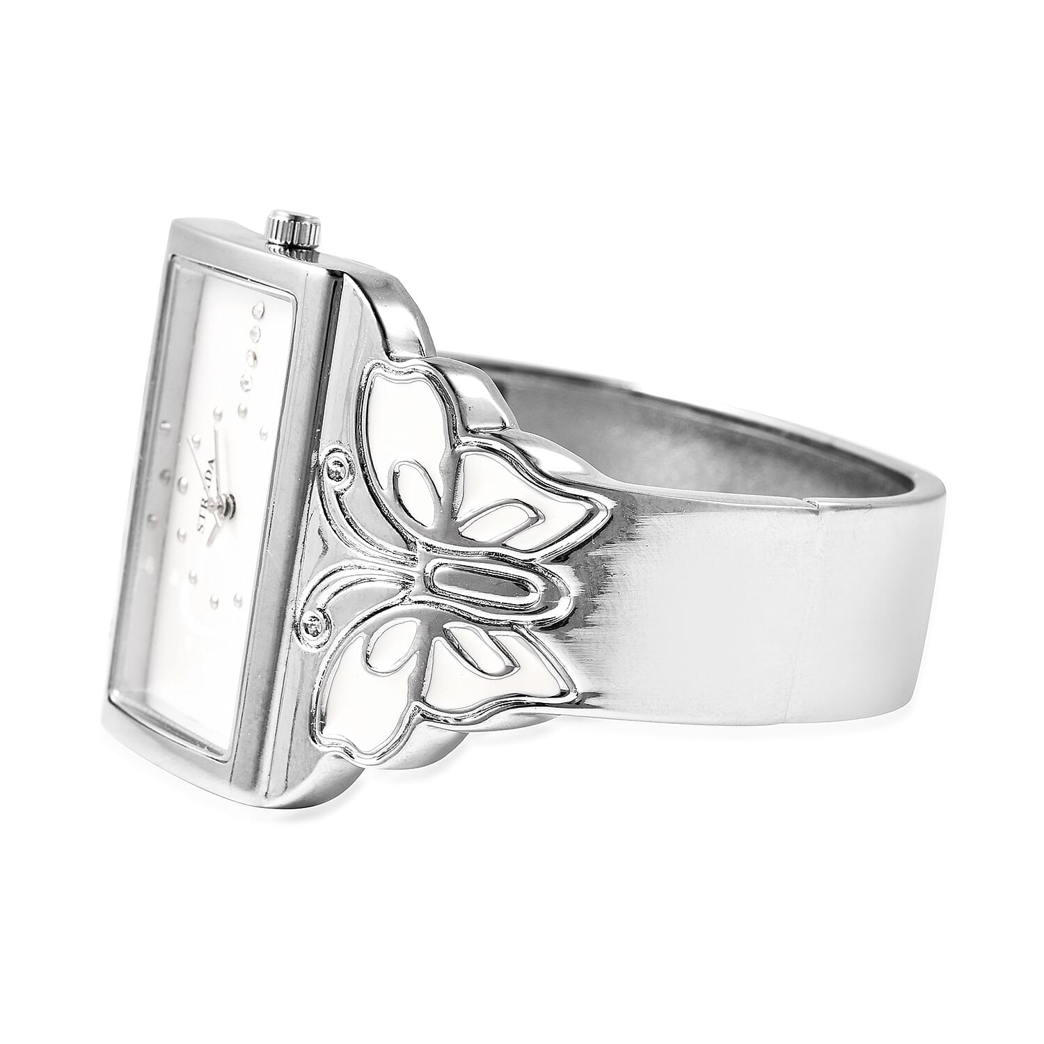 STRADA Japanese Movement White Austrian Crystal Studded Heart Pattern White Dial Butterfly Theme Bangle Watch (Size 6.5) in Silver Plated
