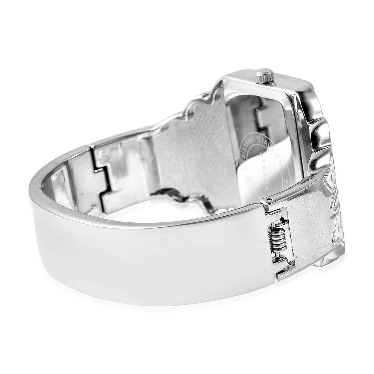 STRADA Japanese Movement White Austrian Crystal Studded Heart Pattern White Dial Butterfly Theme Bangle Watch (Size 6.5) in Silver Plated