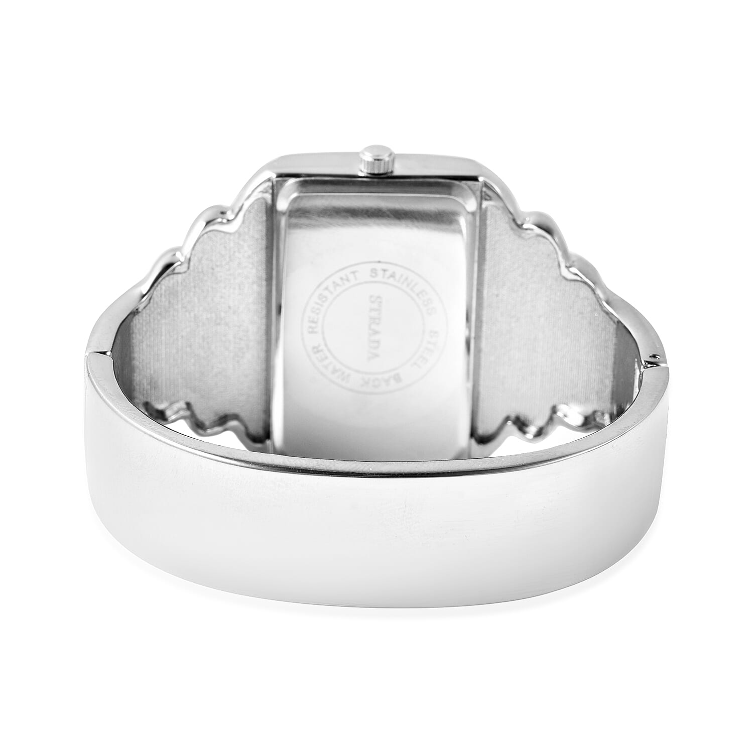 STRADA Japanese Movement White Austrian Crystal Studded Heart Pattern White Dial Butterfly Theme Bangle Watch (Size 6.5) in Silver Plated