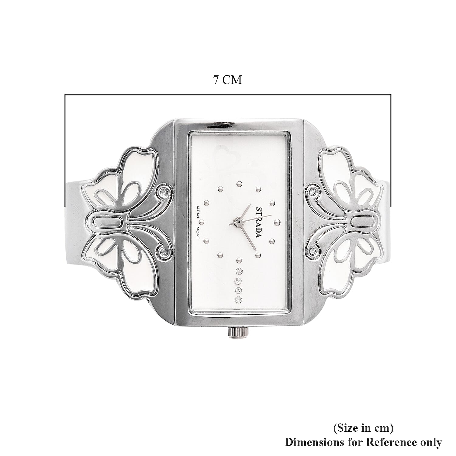 STRADA Japanese Movement White Austrian Crystal Studded Heart Pattern White Dial Butterfly Theme Bangle Watch (Size 6.5) in Silver Plated