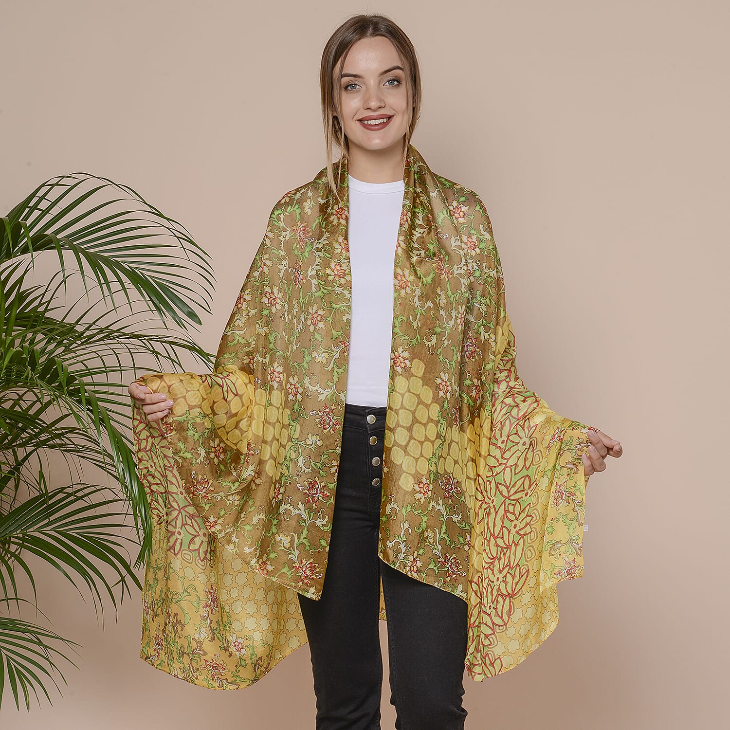 Yellow Flower Pattern 100% Mulberry Silk Scarf (Size 175x110 Cm)