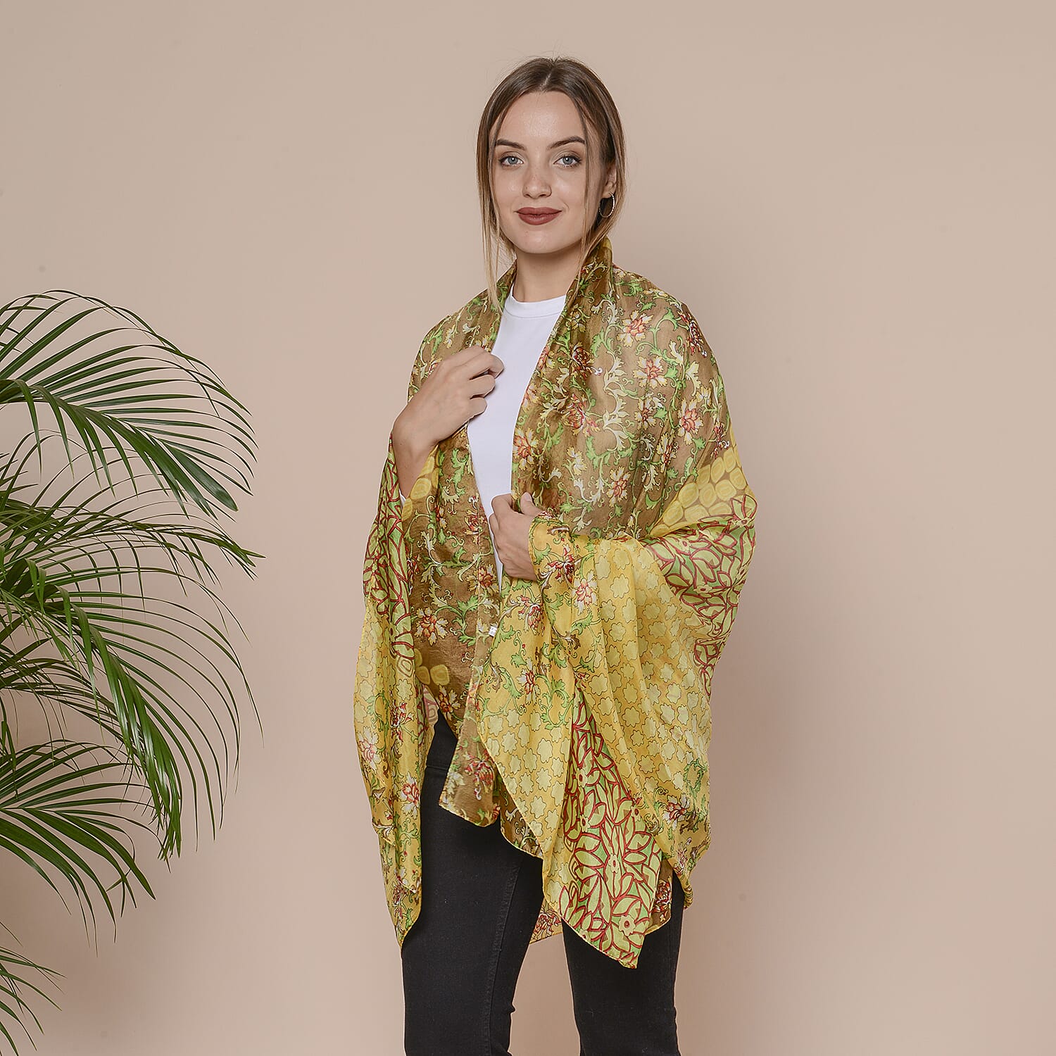 Yellow Flower Pattern 100% Mulberry Silk Scarf (Size 175x110 Cm)