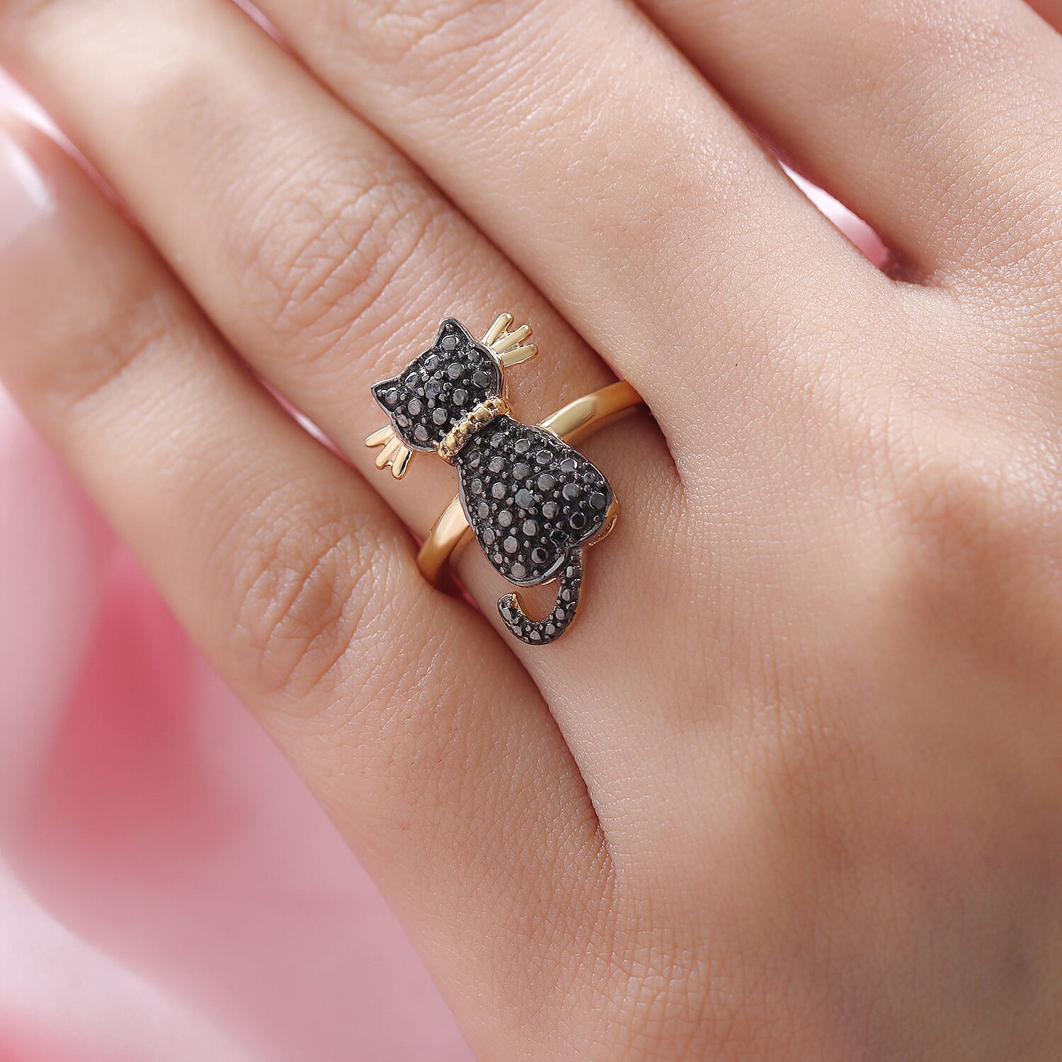 Black Diamond Cat Ring in Black Overlay and 18K Yellow Gold Vermeil Plated Sterling Silver