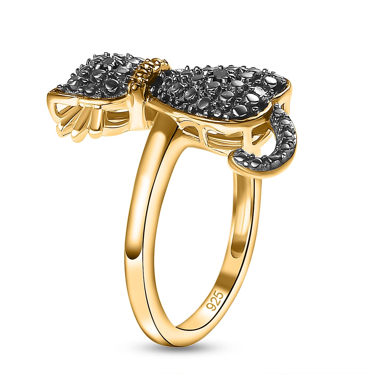 Black Diamond Cat Ring in Black Overlay and 18K Yellow Gold Vermeil Plated Sterling Silver