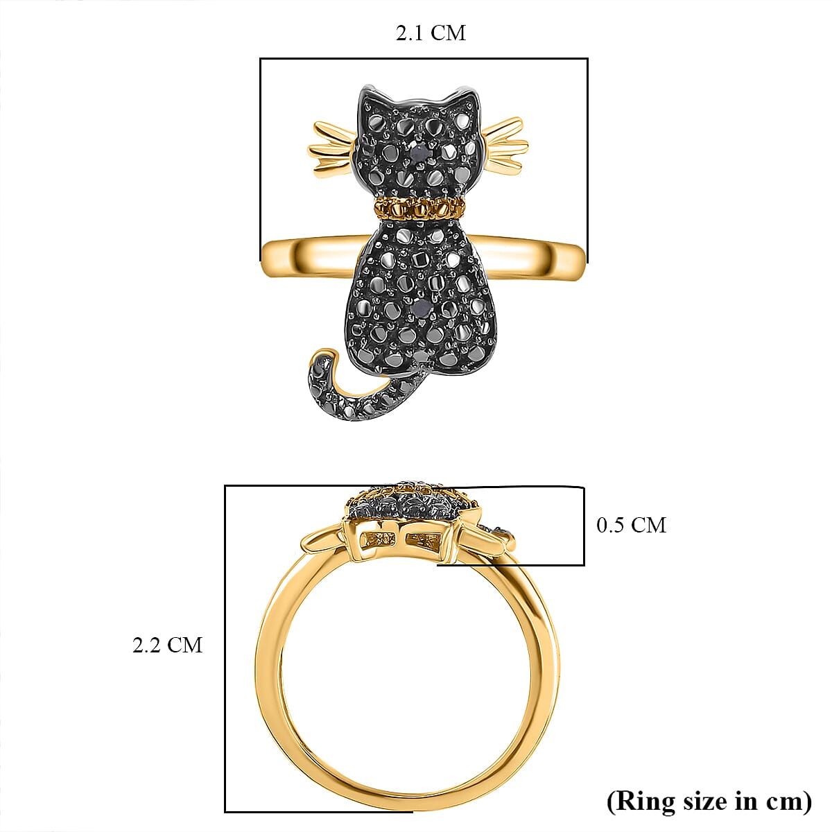 Black Diamond Cat Ring in Black Overlay and 18K Yellow Gold Vermeil Plated Sterling Silver