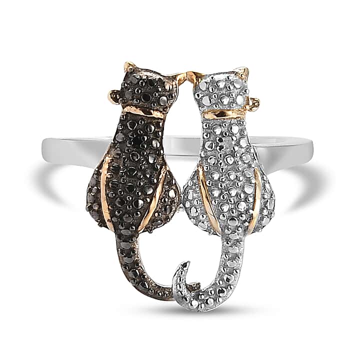 Black and White Diamond Twin Cat Ring in Sterling Silver