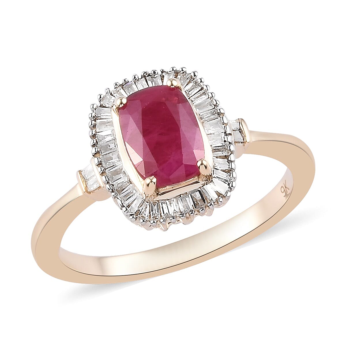 Collectors Edition- 9K Yellow Gold Cushion Cut AAA Ruby and Natural Diamond (I3) Ring 1.20 Ct.