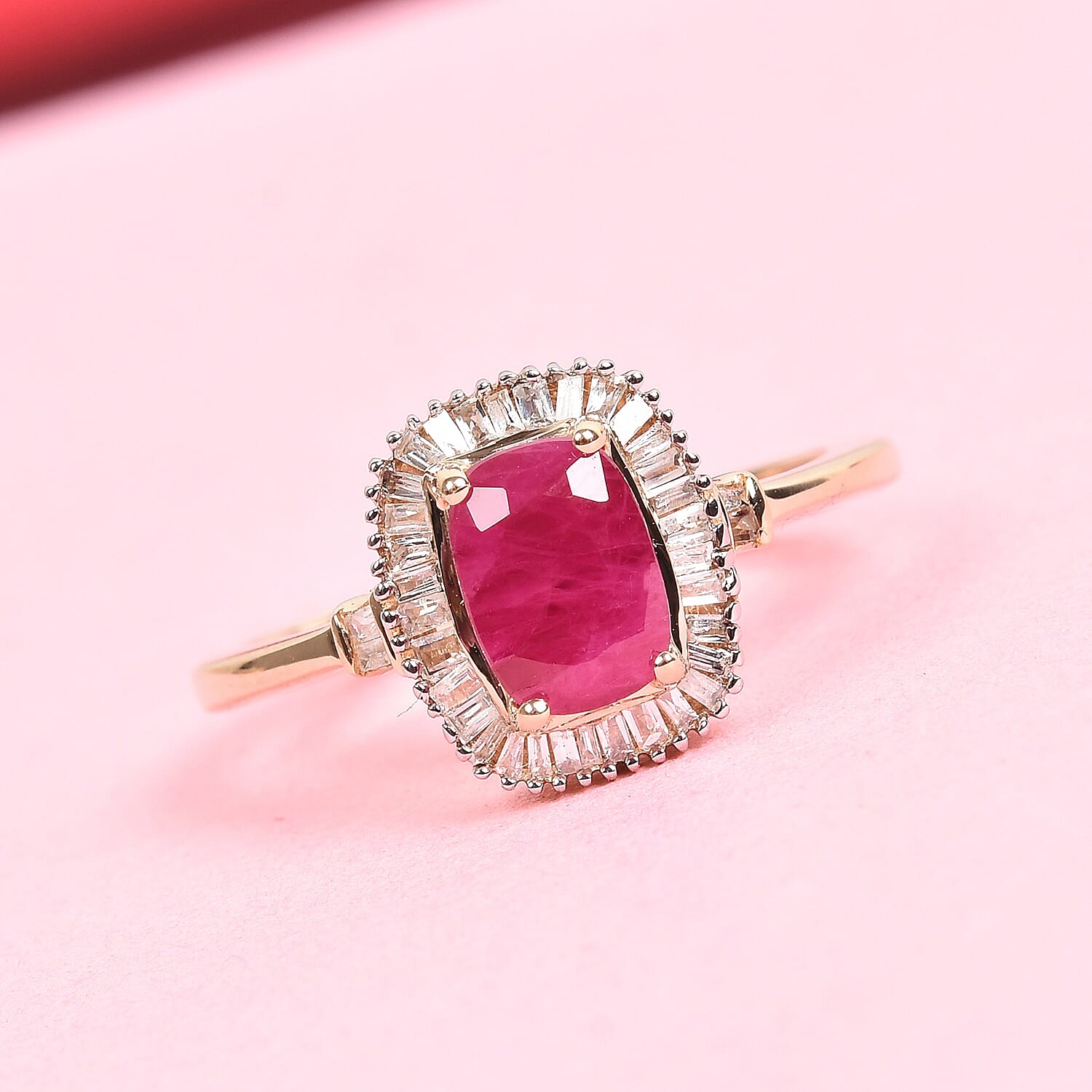 Collectors Edition- 9K Yellow Gold Cushion Cut AAA Ruby and Natural Diamond (I3) Ring 1.20 Ct.