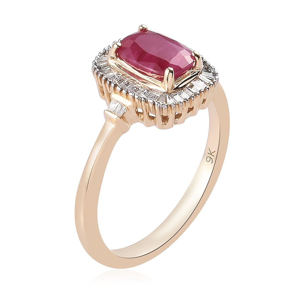 Collectors Edition- 9K Yellow Gold Cushion Cut AAA Ruby and Natural Diamond (I3) Ring 1.20 Ct.