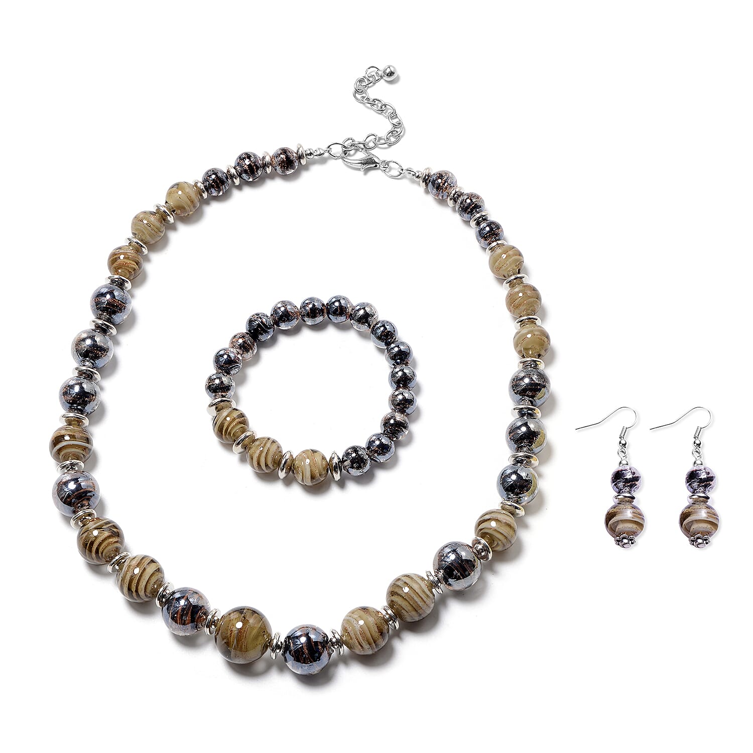 Black Murano Bead, Grey Murano Bead Hook Earrings, Stretchable Bracelet (Size 7) and Necklace (Size 20 with 3 inch Extender) in Stainless Steel
