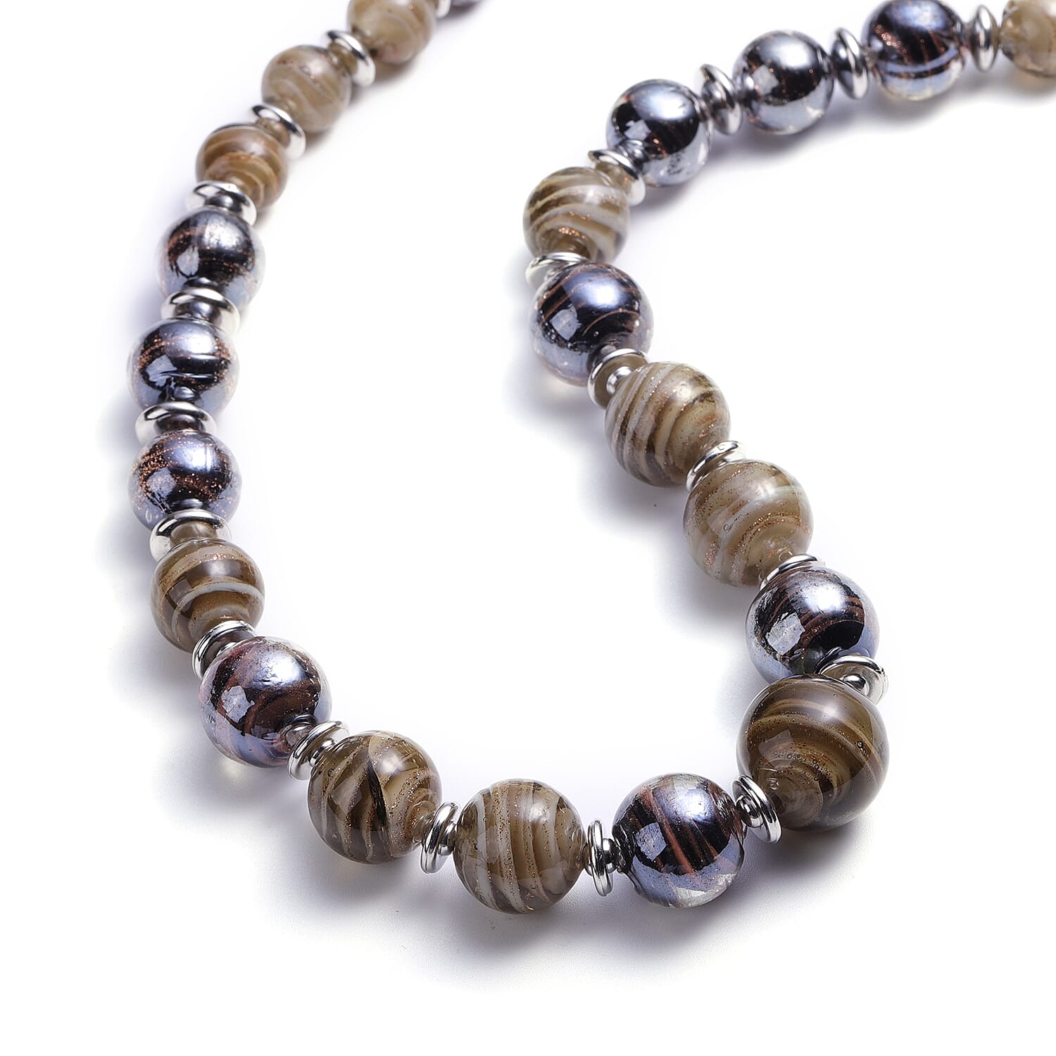 Black Murano Bead, Grey Murano Bead Hook Earrings, Stretchable Bracelet (Size 7) and Necklace (Size 20 with 3 inch Extender) in Stainless Steel