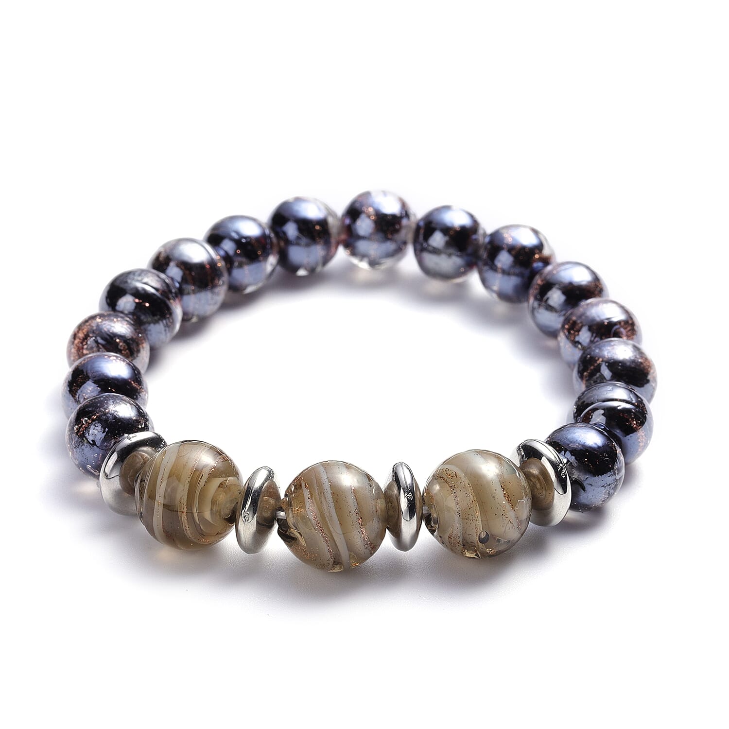 Black Murano Bead, Grey Murano Bead Hook Earrings, Stretchable Bracelet (Size 7) and Necklace (Size 20 with 3 inch Extender) in Stainless Steel