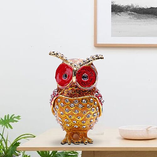 Black and White Austrian Crystal Studded Enamelled Owl Trinket Box