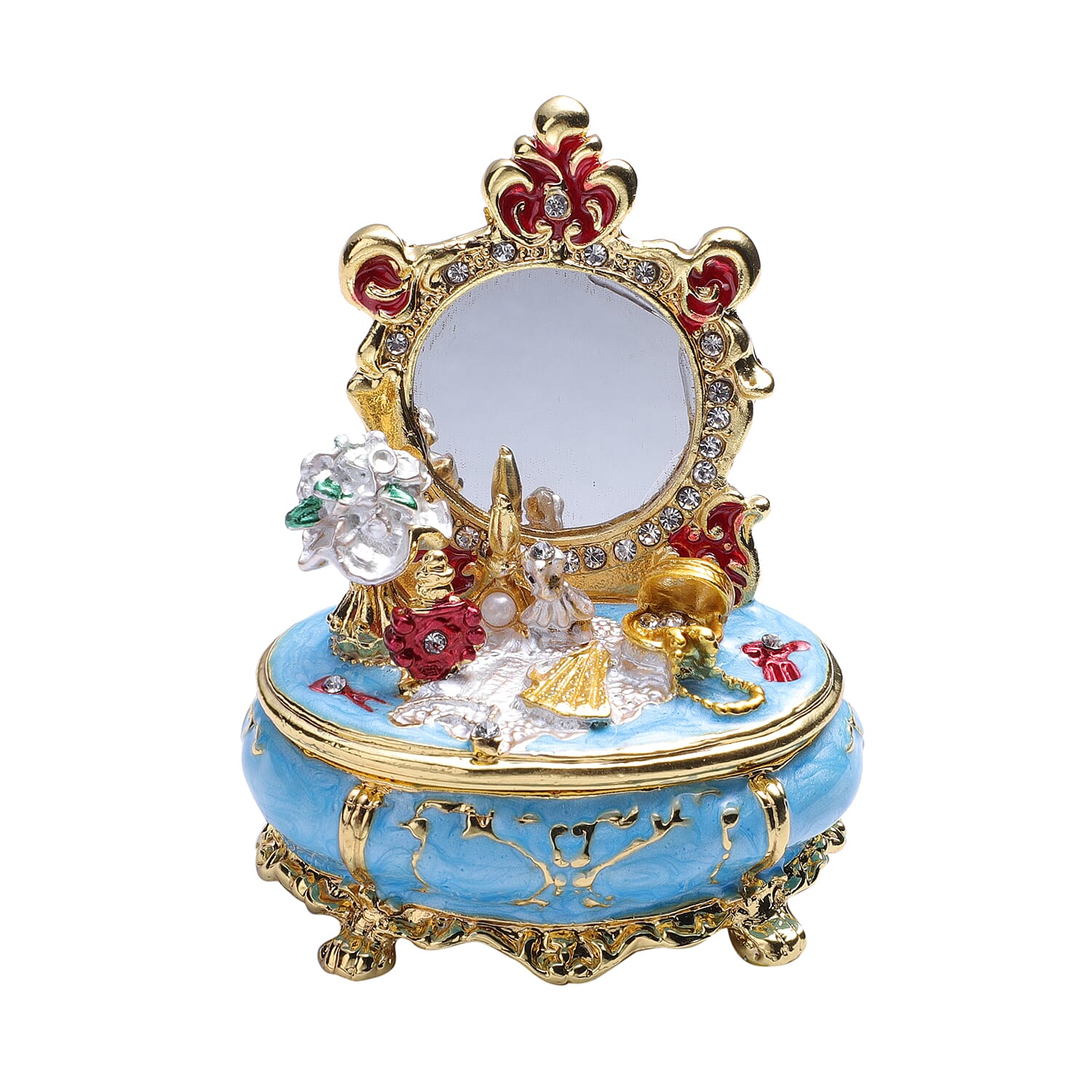 Multi Austrian Crystal Studded Enamelled Mirror Trinket Box