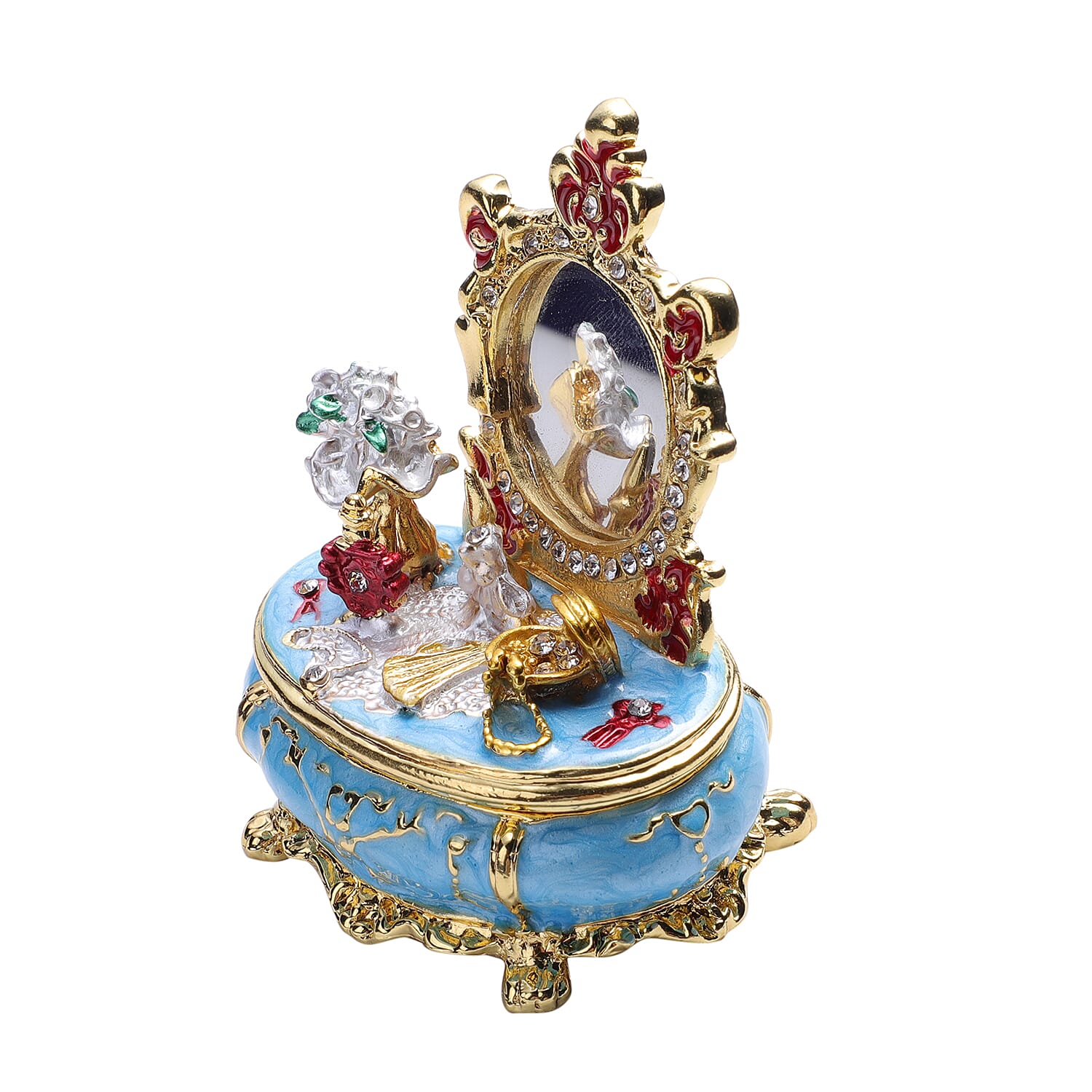 Multi Austrian Crystal Studded Enamelled Mirror Trinket Box