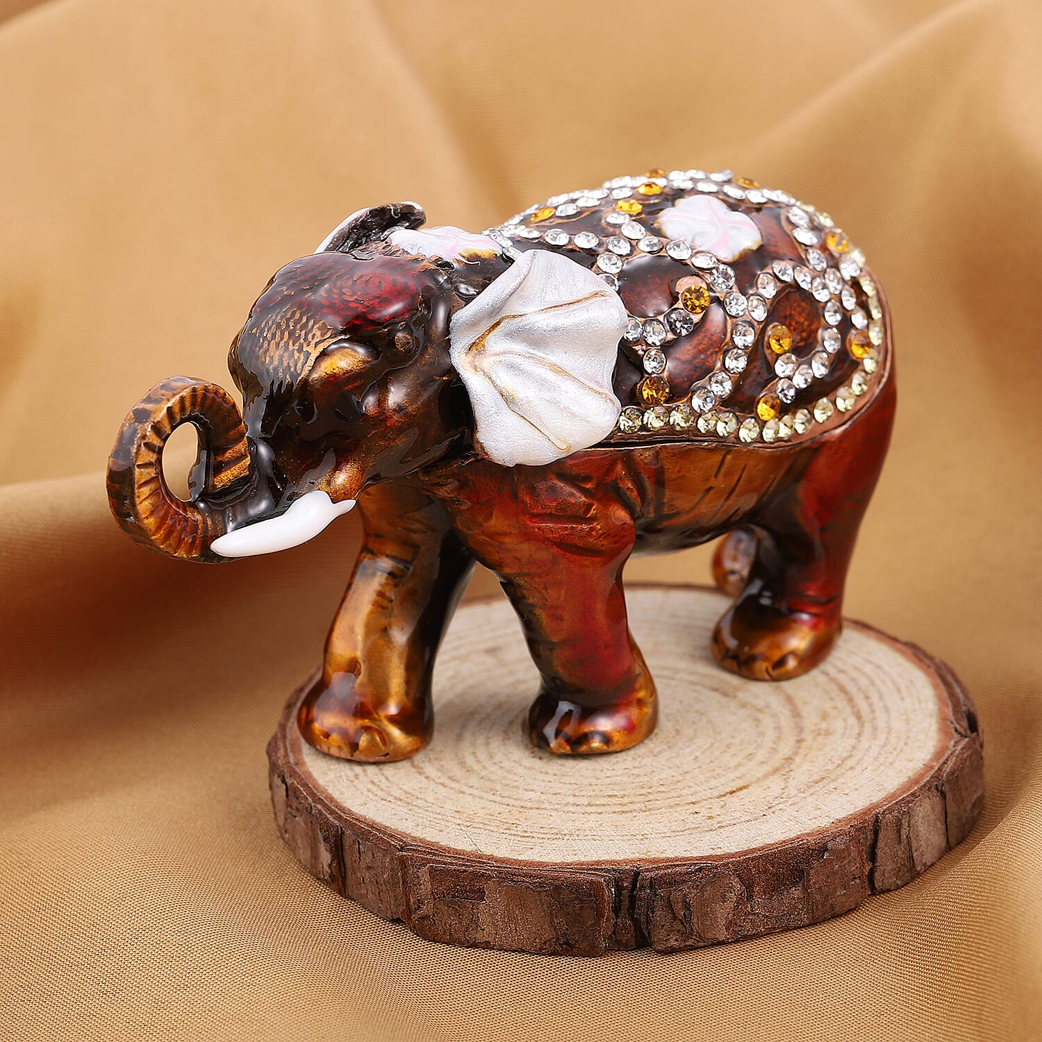 Multi Austrian Crystal Studded Enamelled Elephant Trinket Box in Antique Rose Gold Tone