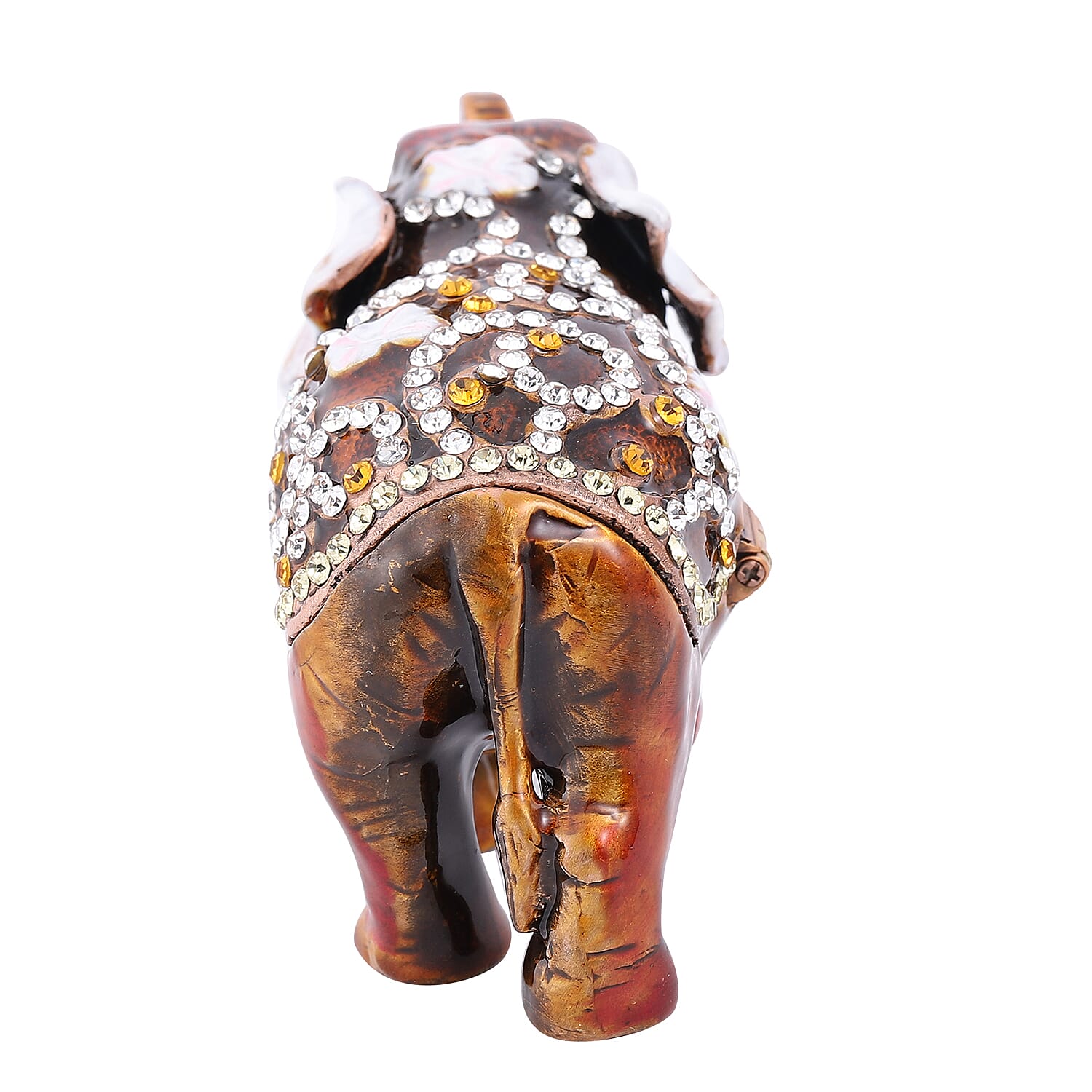 Multi Austrian Crystal Studded Enamelled Elephant Trinket Box in Antique Rose Gold Tone
