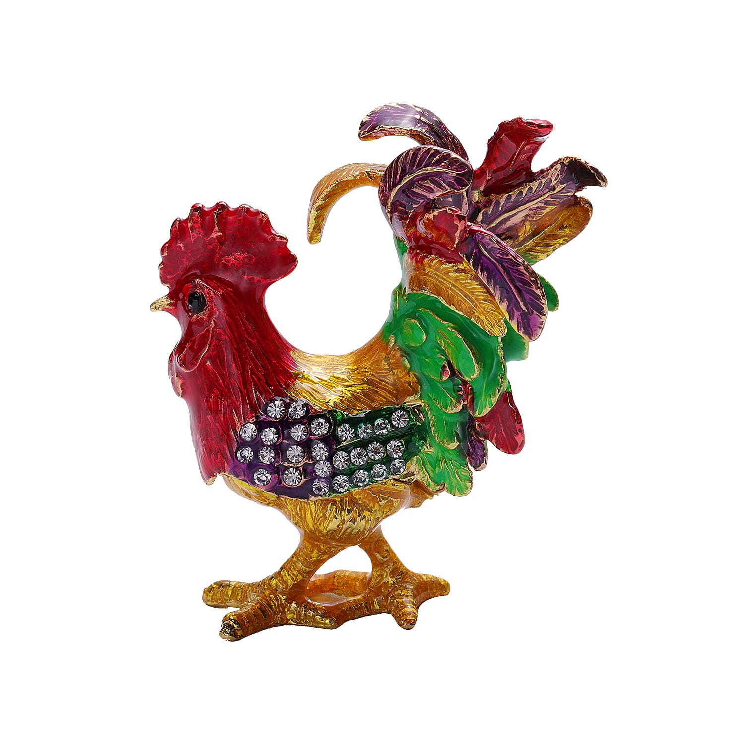 Black and White Austrian Crystal Studded Enamelled Rooster Theme Trinket Box with Magnetic Lock in Gold Tone