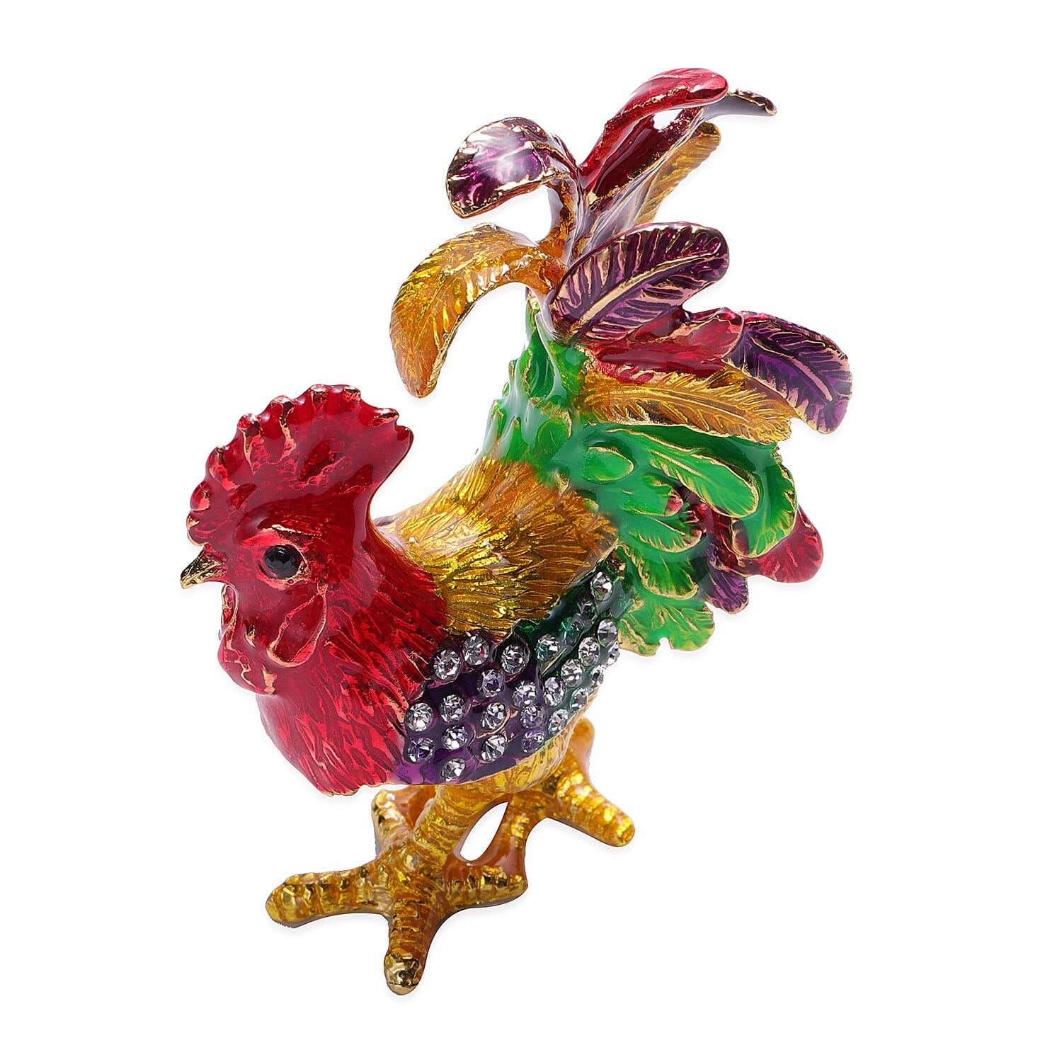 Black and White Austrian Crystal Studded Enamelled Rooster Theme Trinket Box with Magnetic Lock in Gold Tone