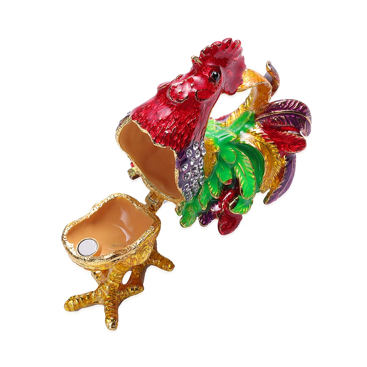 Black and White Austrian Crystal Studded Enamelled Rooster Theme Trinket Box with Magnetic Lock in Gold Tone